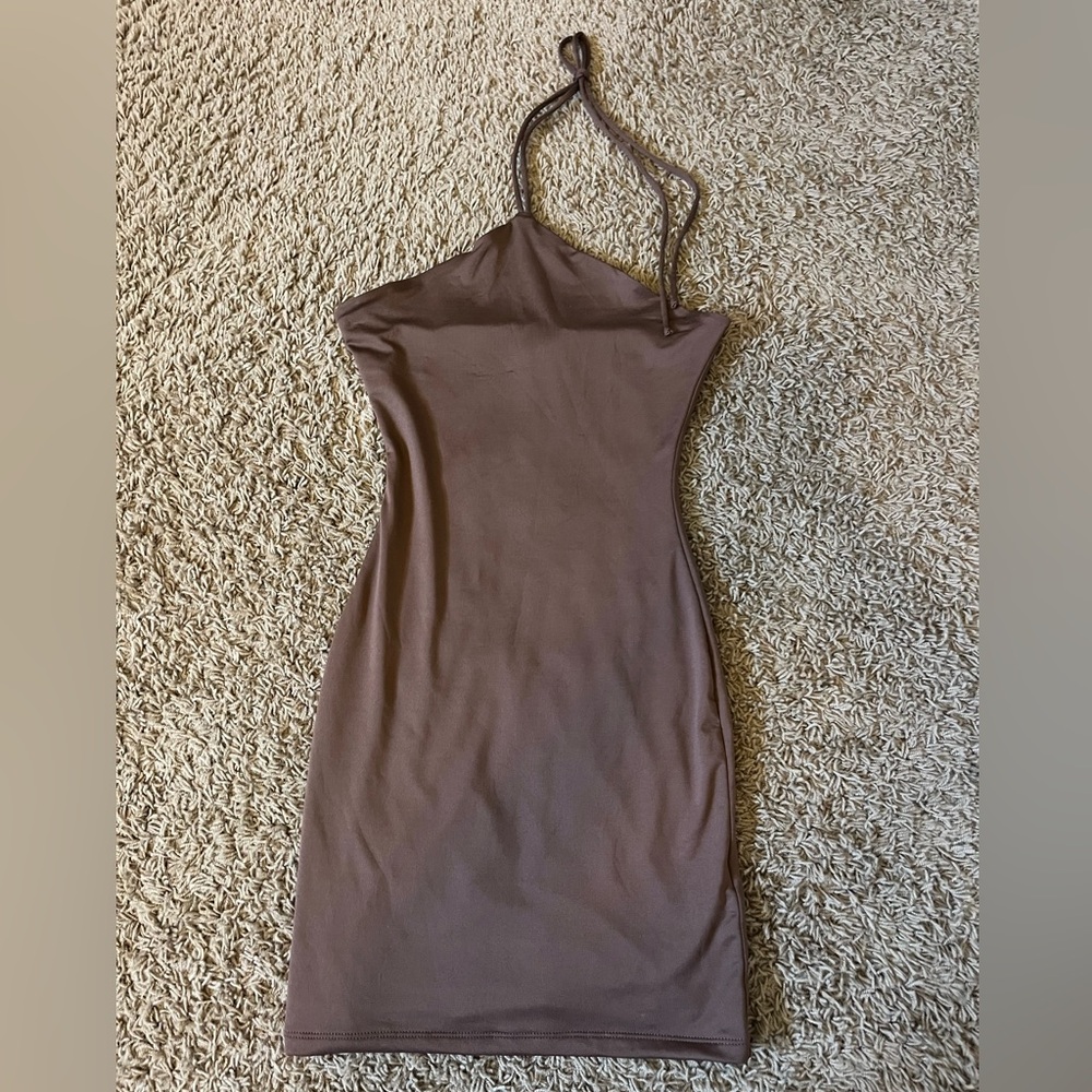 Princess Polly, brown body con dress with tie around halter neck